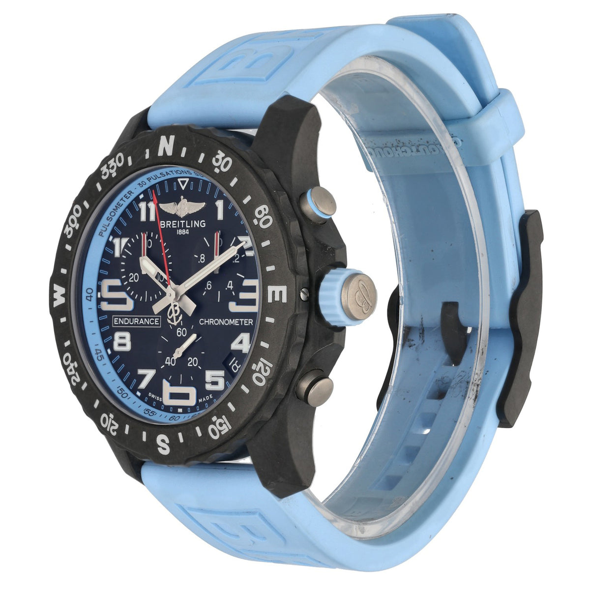Breitling Endurance Pro X82310 Chronograph watch side view with black case and light blue silicone strap, crown and buttons