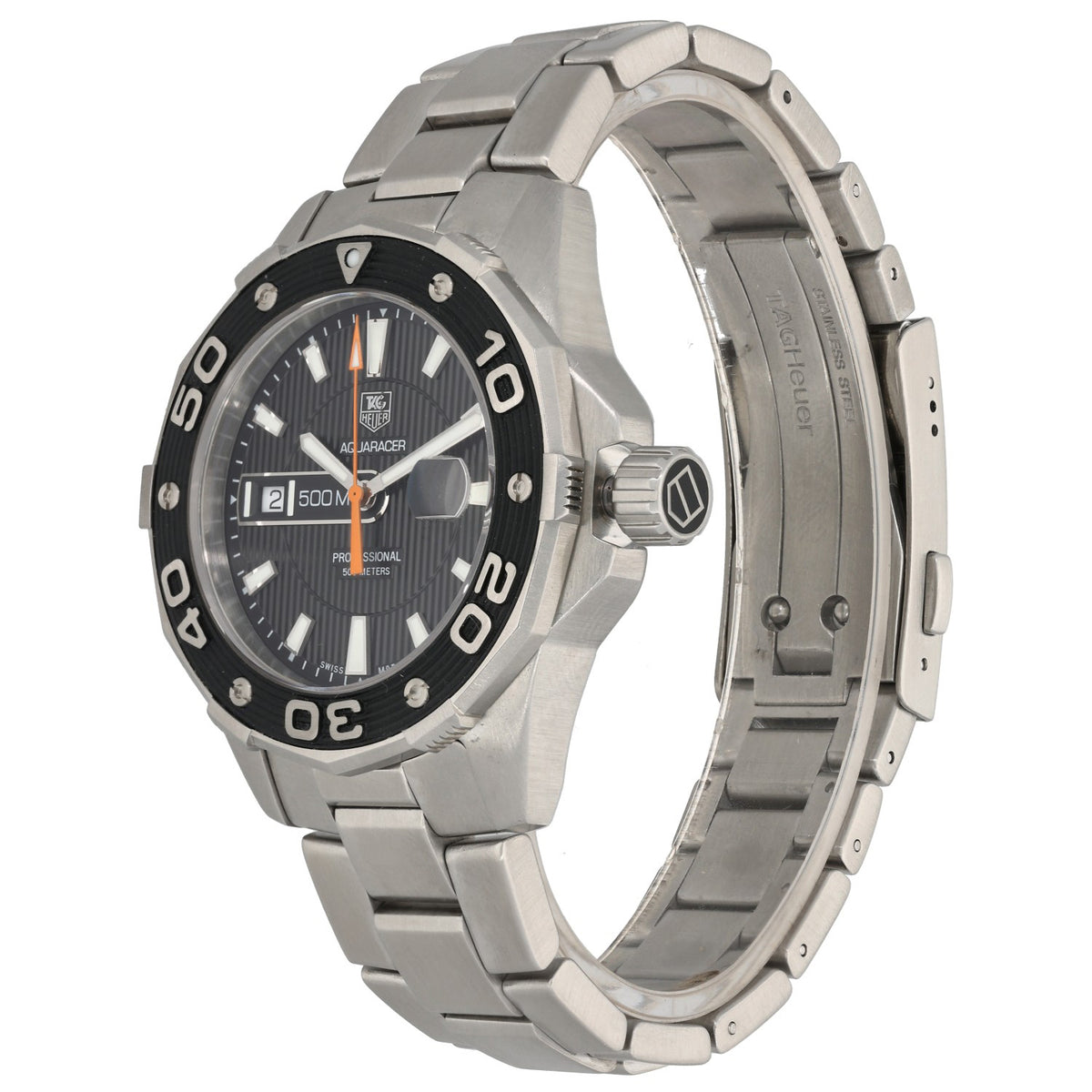 Tag Heuer Aquaracer WAJ1110, black dial in stainless steel case and bracelet, front angle