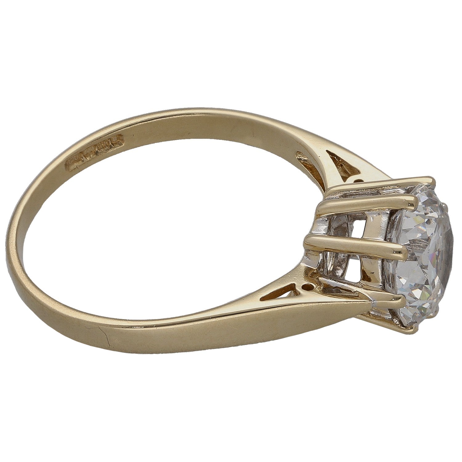 Gold-tone CZ single-stone ring, side view of prong setting and round stone, size N