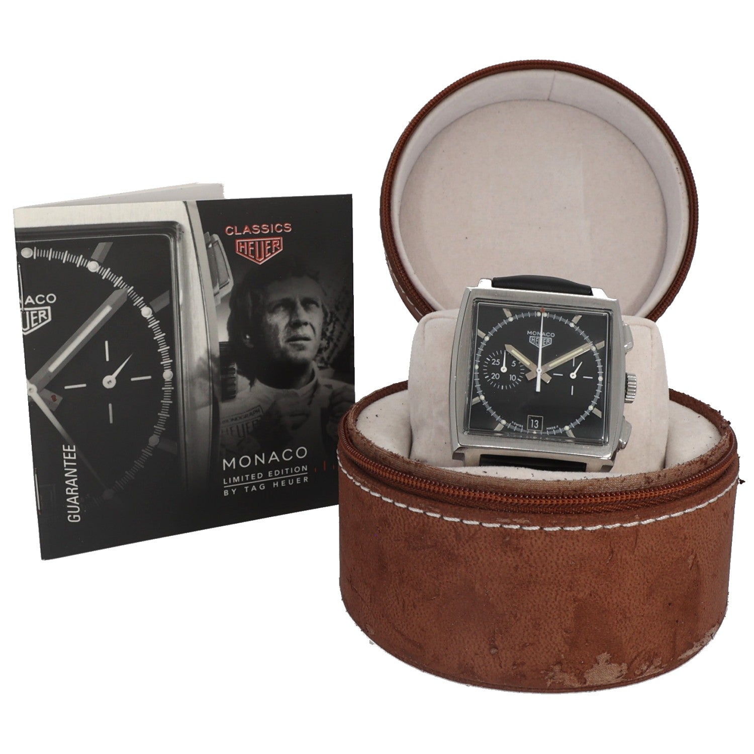 Tag Heuer Monaco CS2110 watch on display cushion, black dial and black leather strap