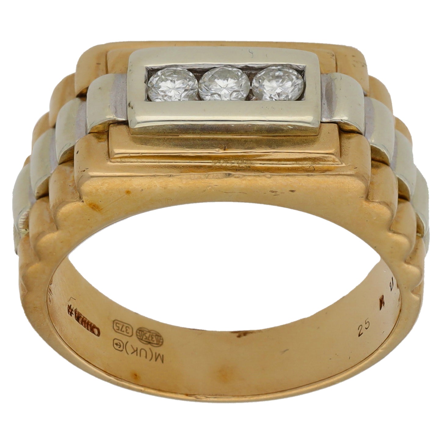 9ct Bicolour Gold 0.24ct Diamond Patterned Signet Ring Size R