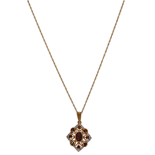 9ct Gold Garnet & 0.06ct Diamond Dress/Cocktail Pendant With Chain
