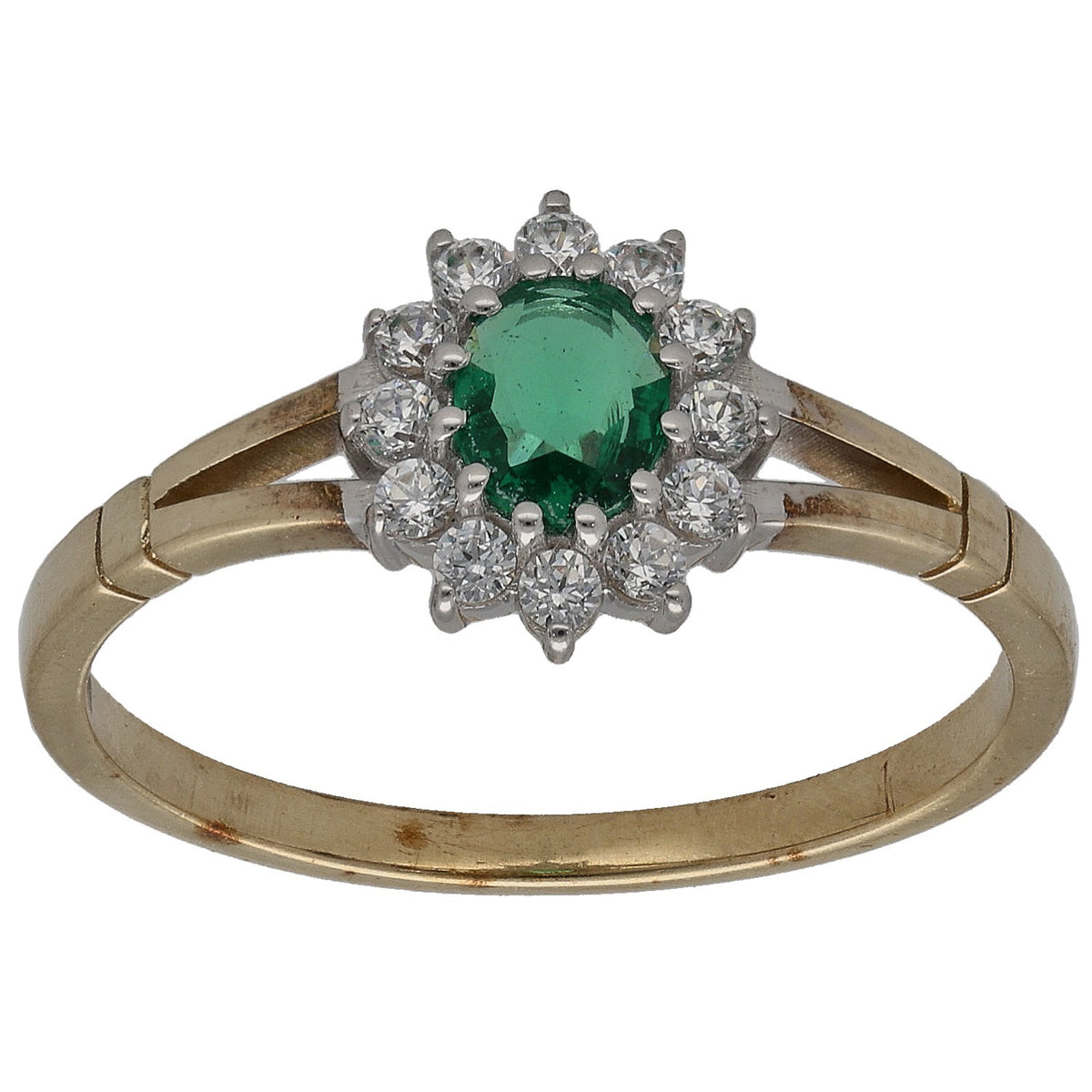 Gold-tone imitation ring with green center stone and clear diamond-style accents