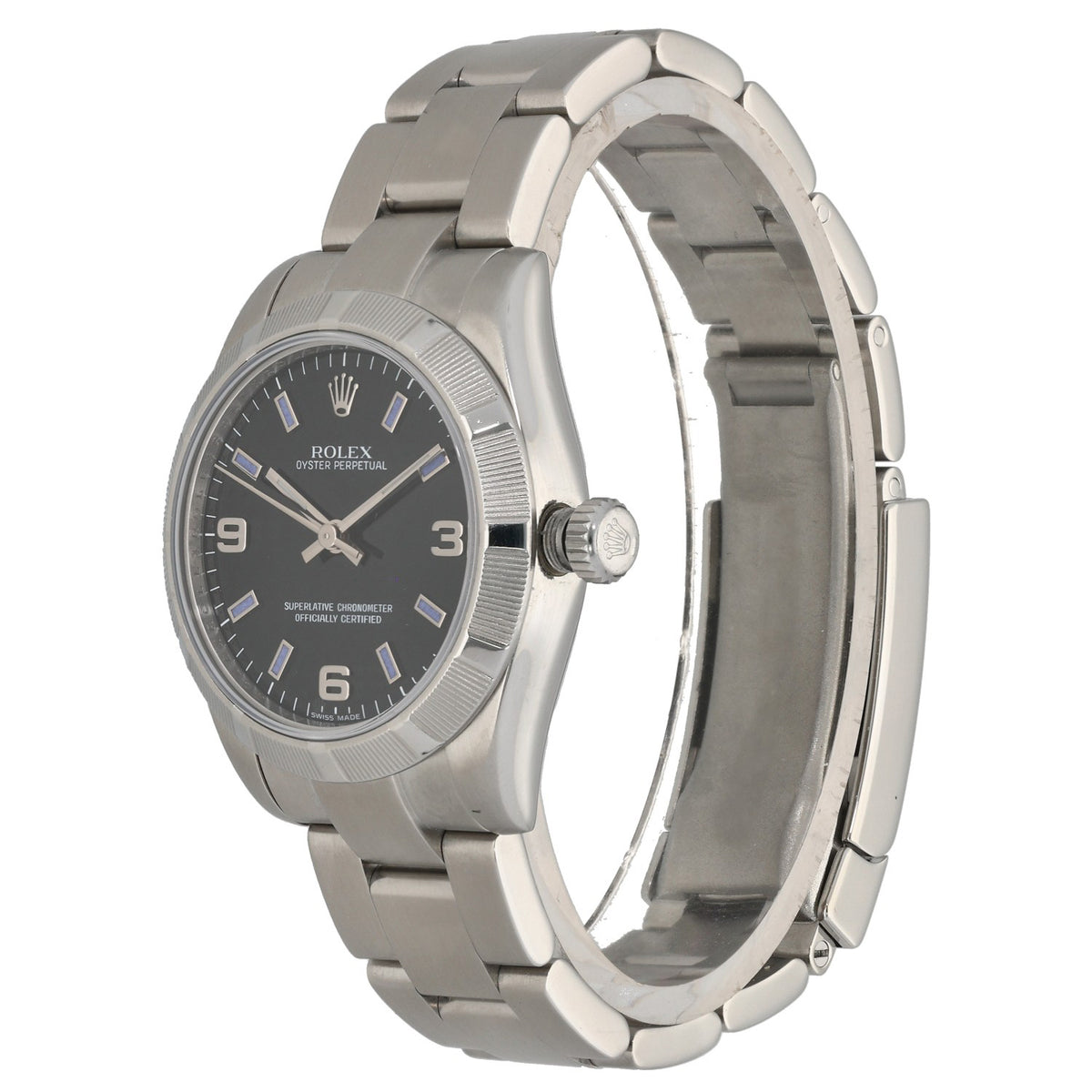 Rolex Oyster Perpetual 177210, black dial with violet hour markers, crown angle image
