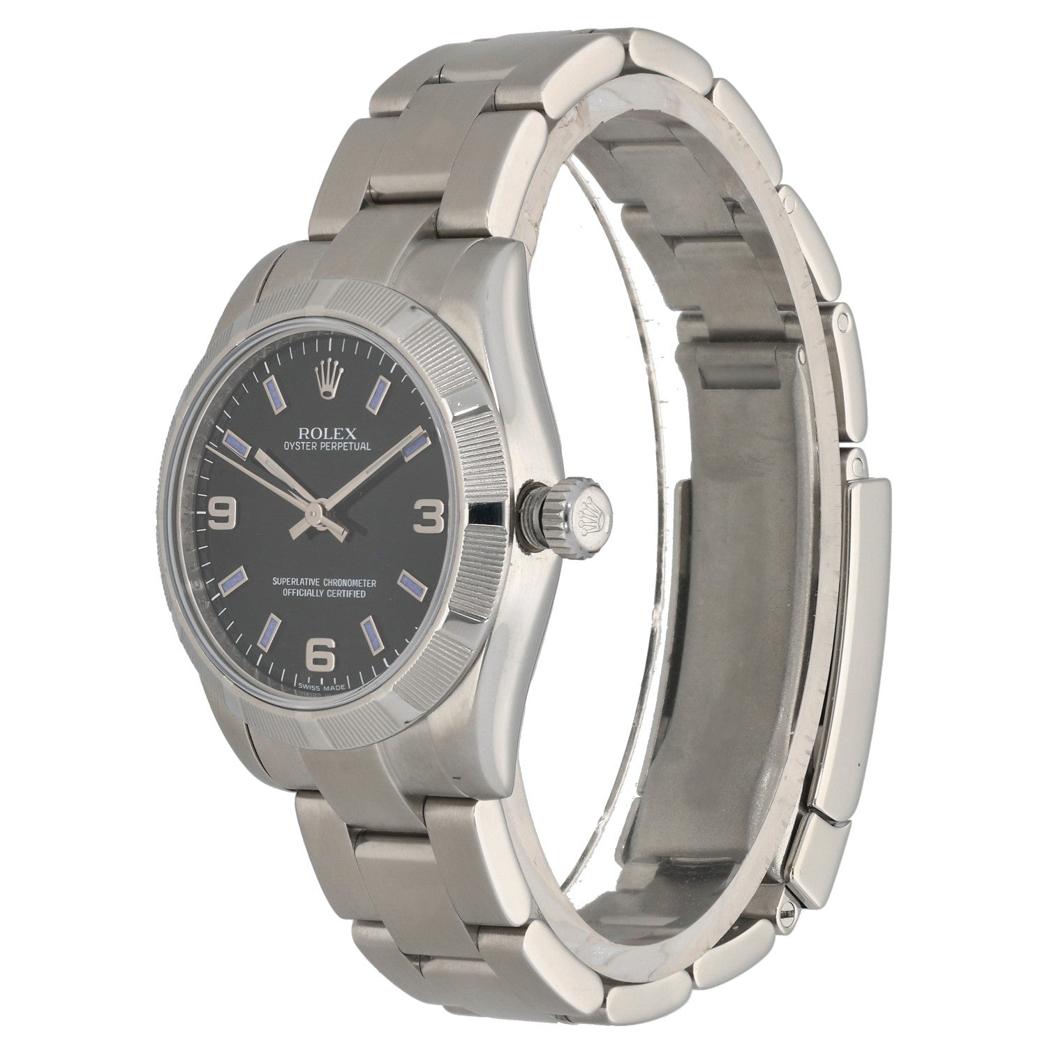 Rolex Oyster Perpetual 177210, black dial with violet hour markers, crown angle image