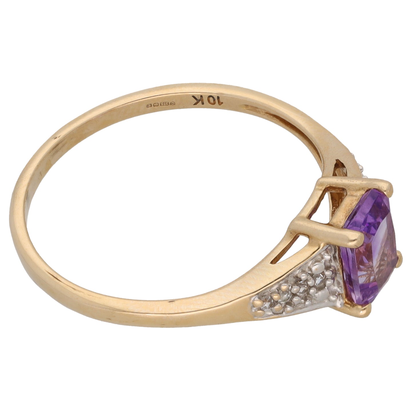 9ct Gold Amethyst & Cubic Zirconia Single Stone Ring with Accent Stones Size R