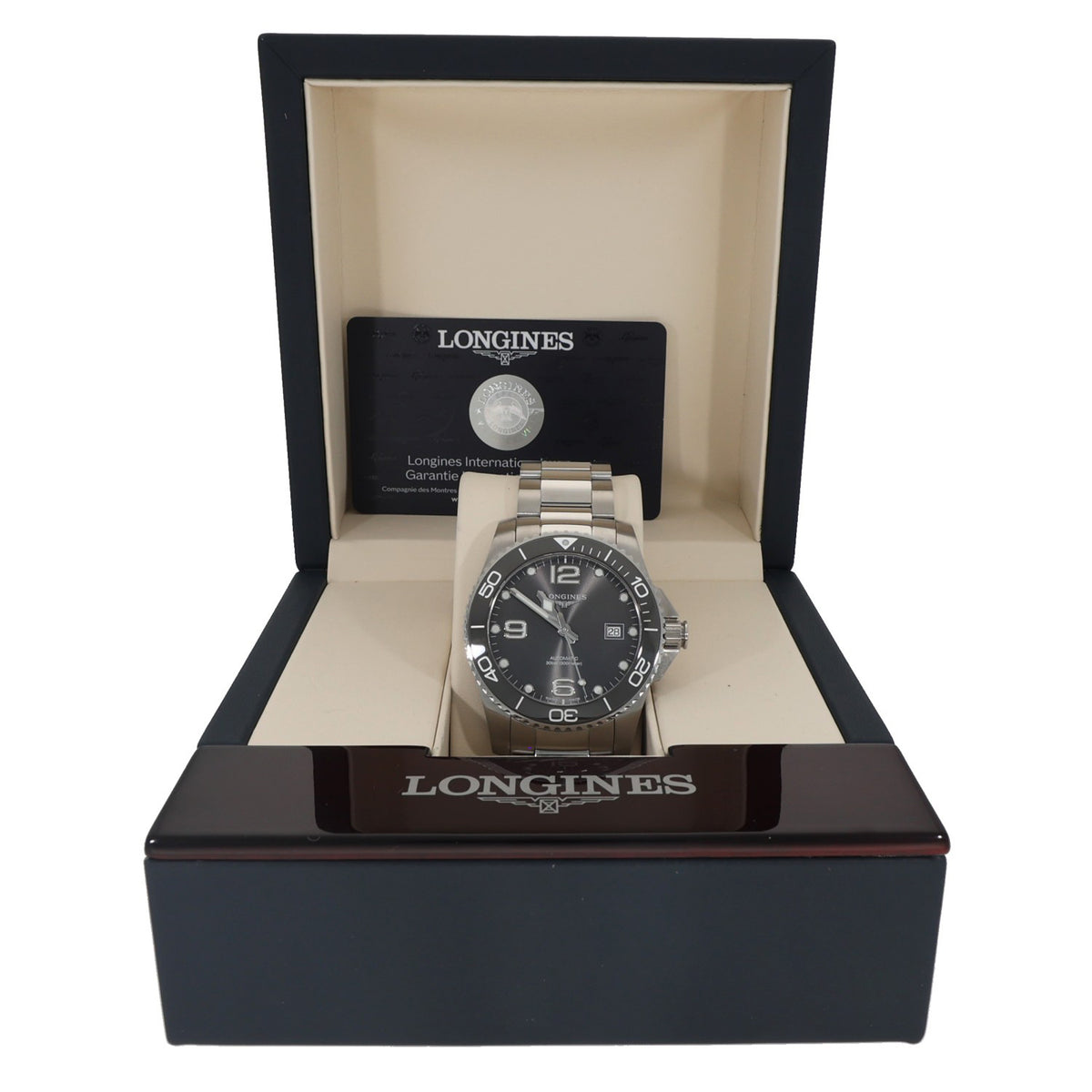 Longines Hydro Conquest L3.781.4, grey dial and bezel, on stainless steel watch, inside manufacturer box