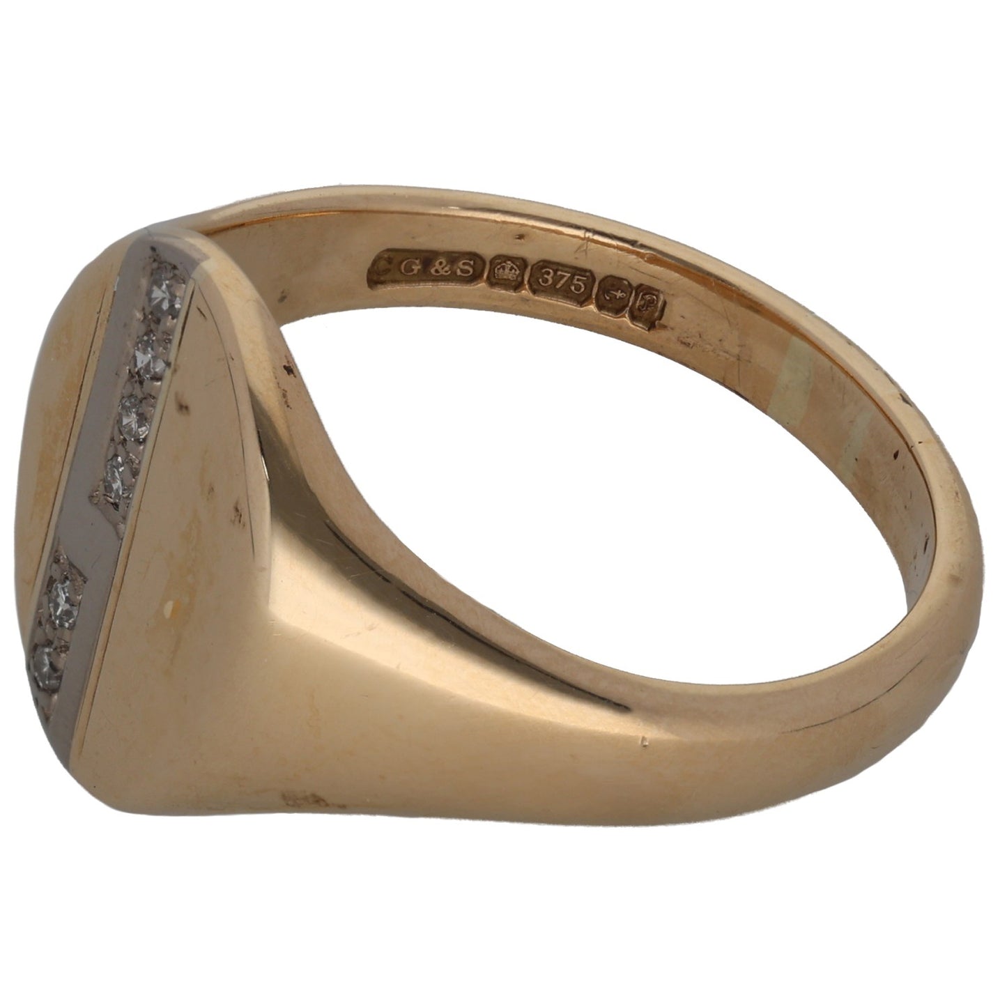 9ct Bi-Colour Gold 0.06ct Diamond Patterned Signet Ring Size V