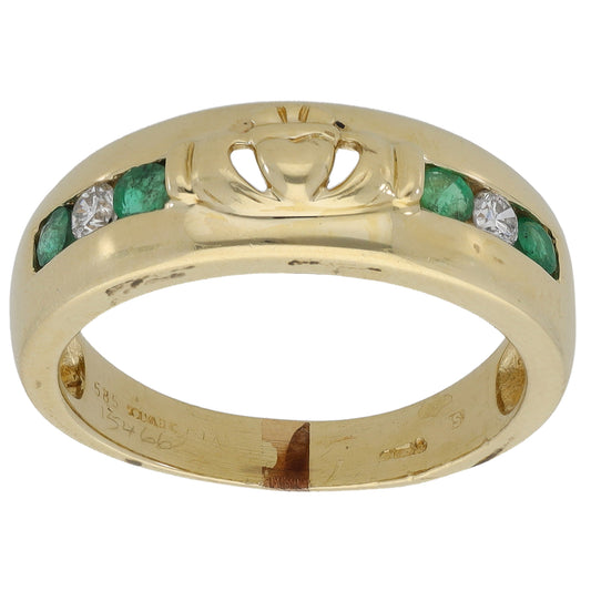 14ct Gold Emerald & 0.10ct Diamond Half Eternity Ring Size Q