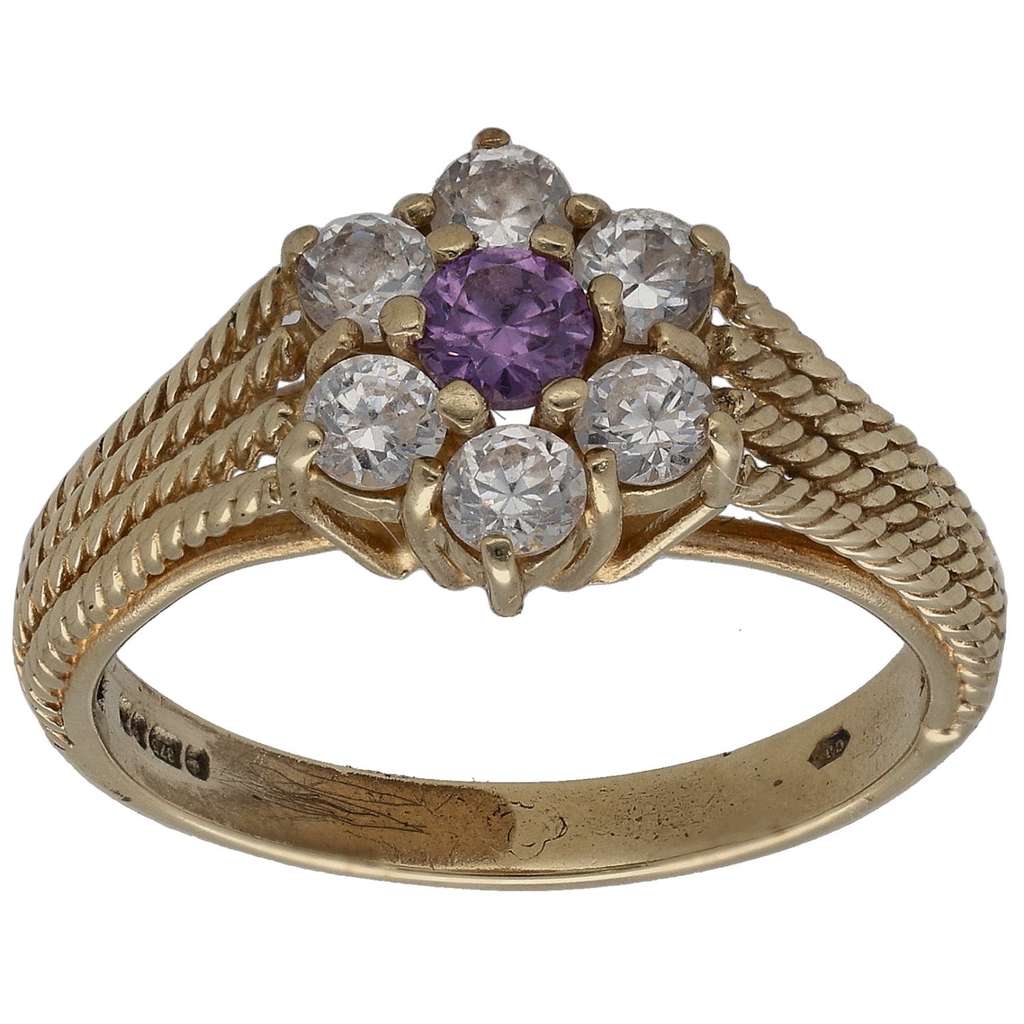 Gold cocktail ring with purple CZ center, clear round stones, braided band