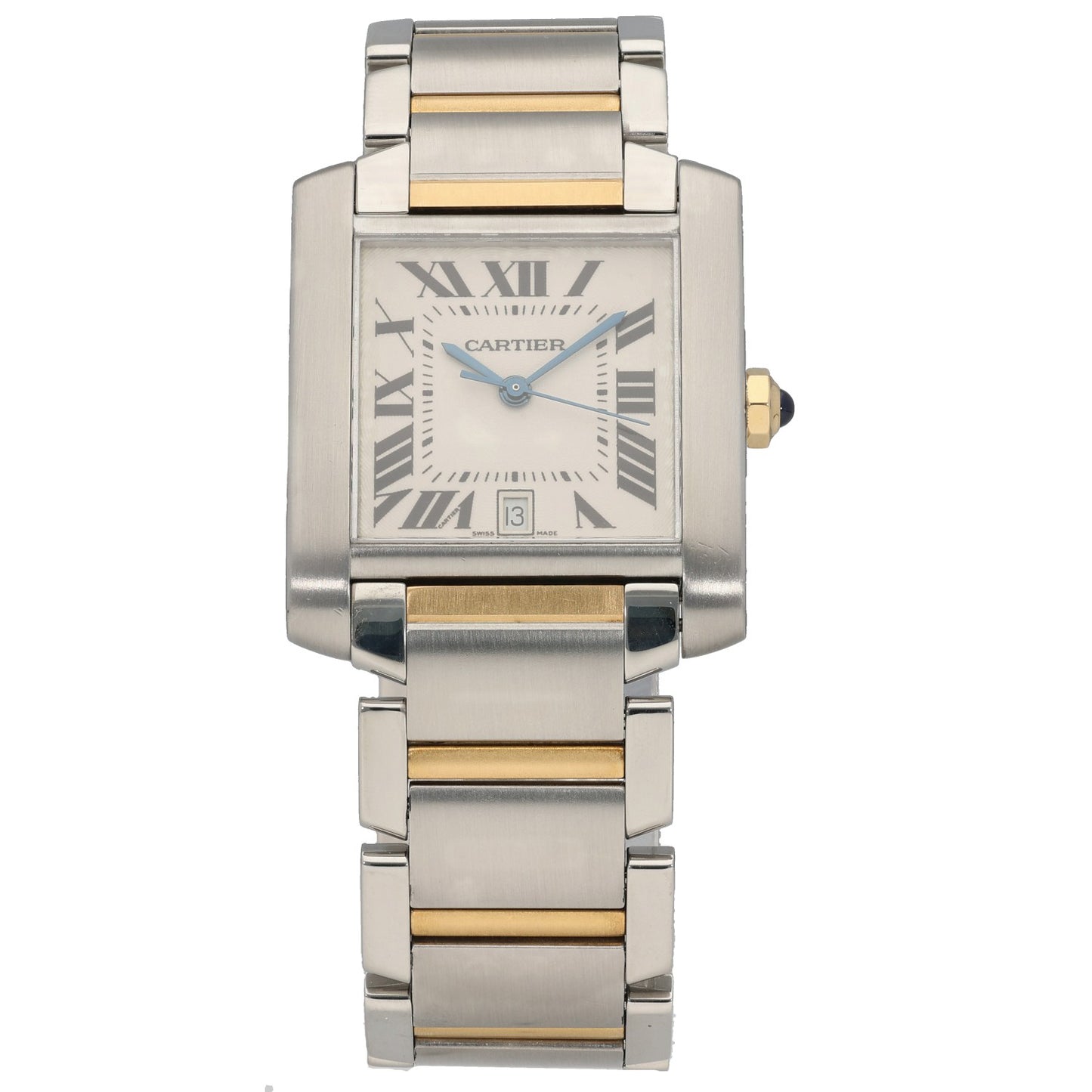 Stainless steel Cartier Tank Francaise W51005Q4 watch with gold-tone accents, Roman dial, date window