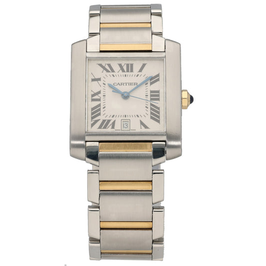 Stainless steel Cartier Tank Francaise W51005Q4 watch with gold-tone accents, Roman dial, date window