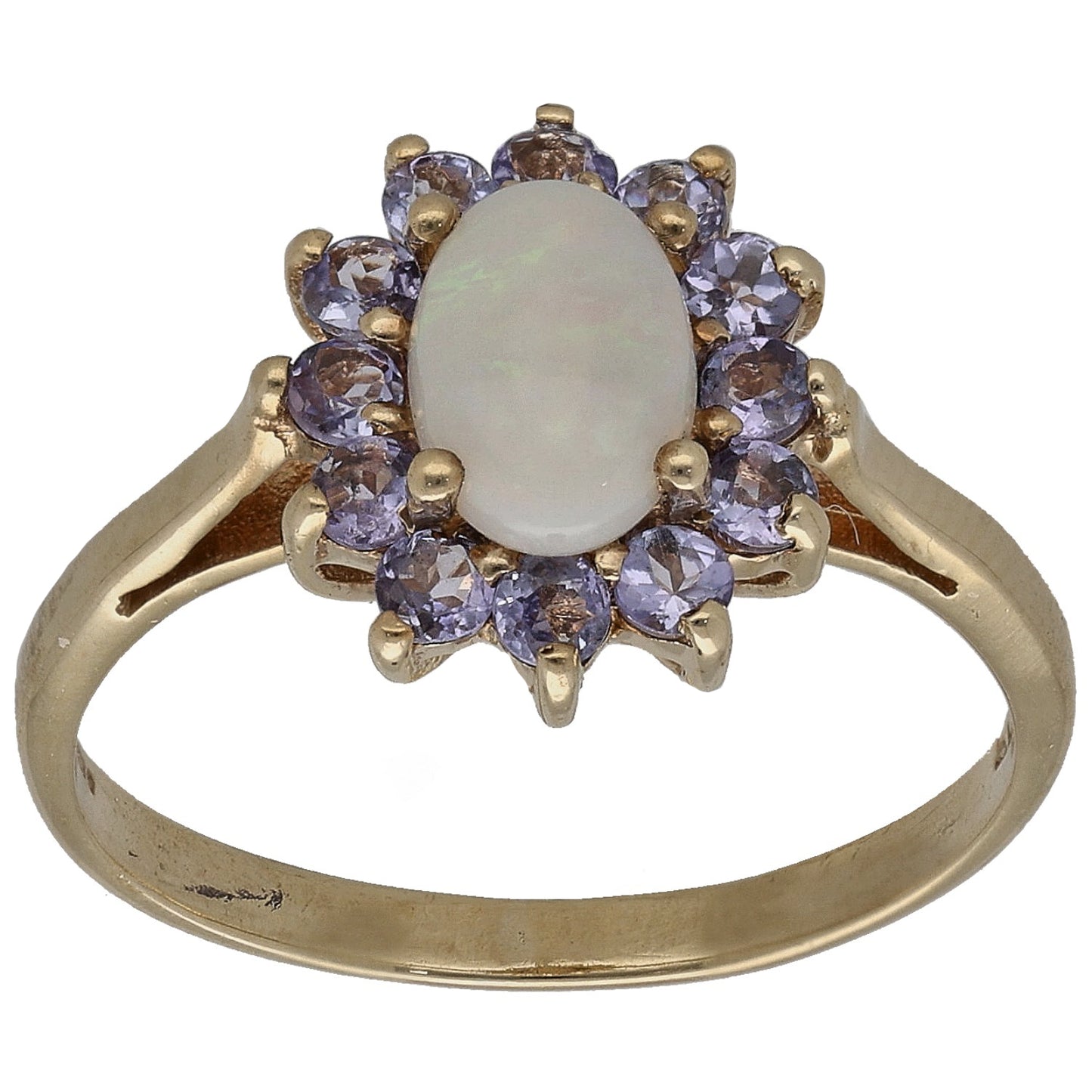 9ct gold ring with oval opal center and purple tanzanite accent stones