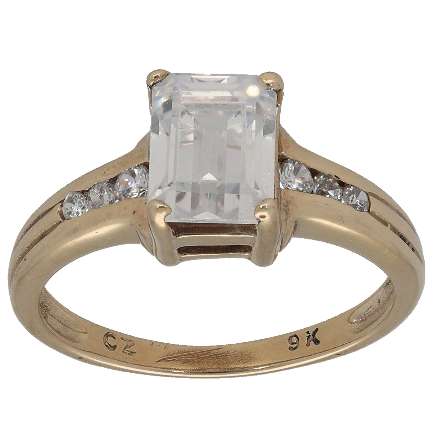 9ct Gold Cubic Zirconia Single Stone Ring with Accent Stones Size N