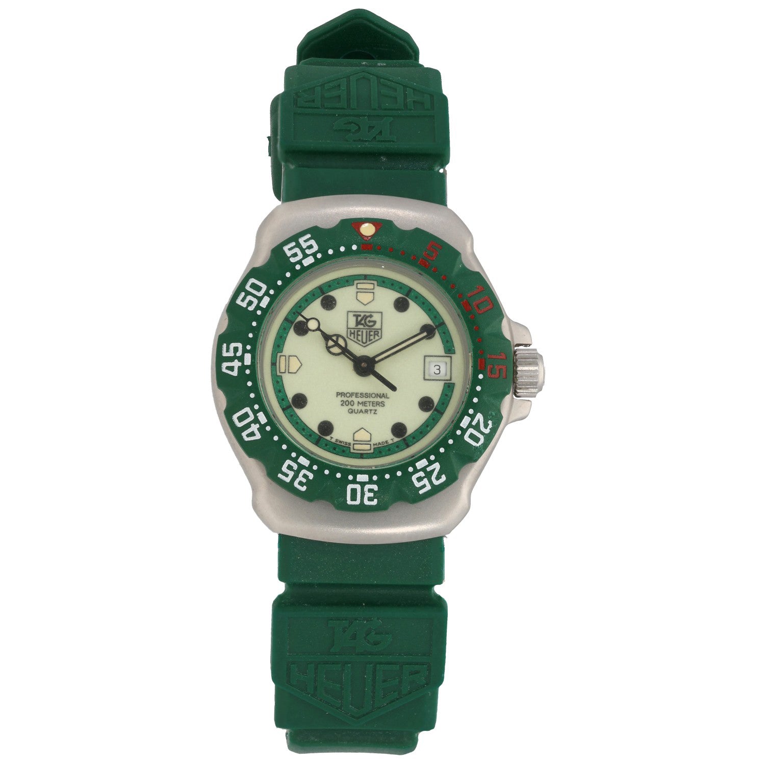 Tag Heuer Formula 1 WA1412, light green dial with a darker green rubber bracelet, front facing image.