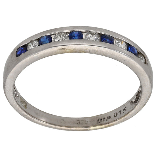 9ct White Gold Sapphire & 0.15ct Diamond Half Eternity Ring Size N