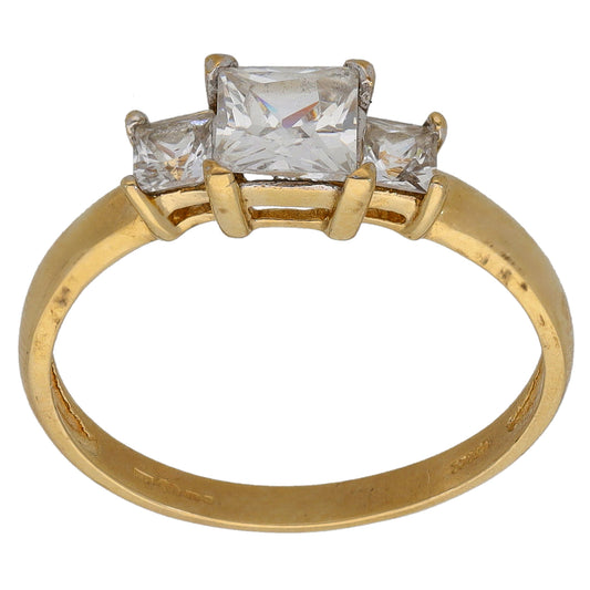9ct gold CZ three-stone ring with square center stone and two side stones