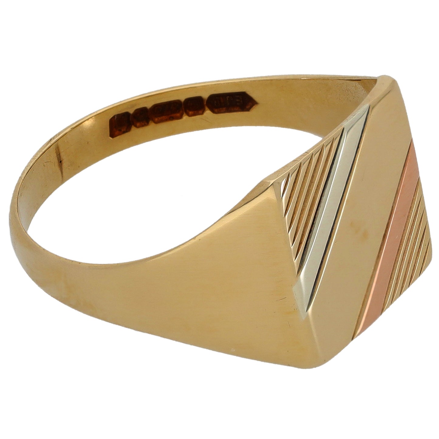 9ct Tri-Colour Gold Patterned Signet Ring Size P