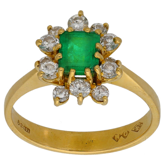 18ct Gold Emerald & 0.60ct Diamond Cluster Ring Size M