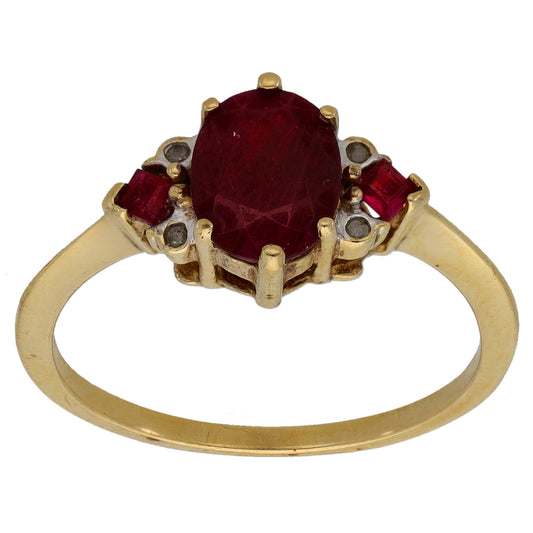 9ct Gold Ruby & 0.02ct Diamond Dress/Cocktail Ring Size O