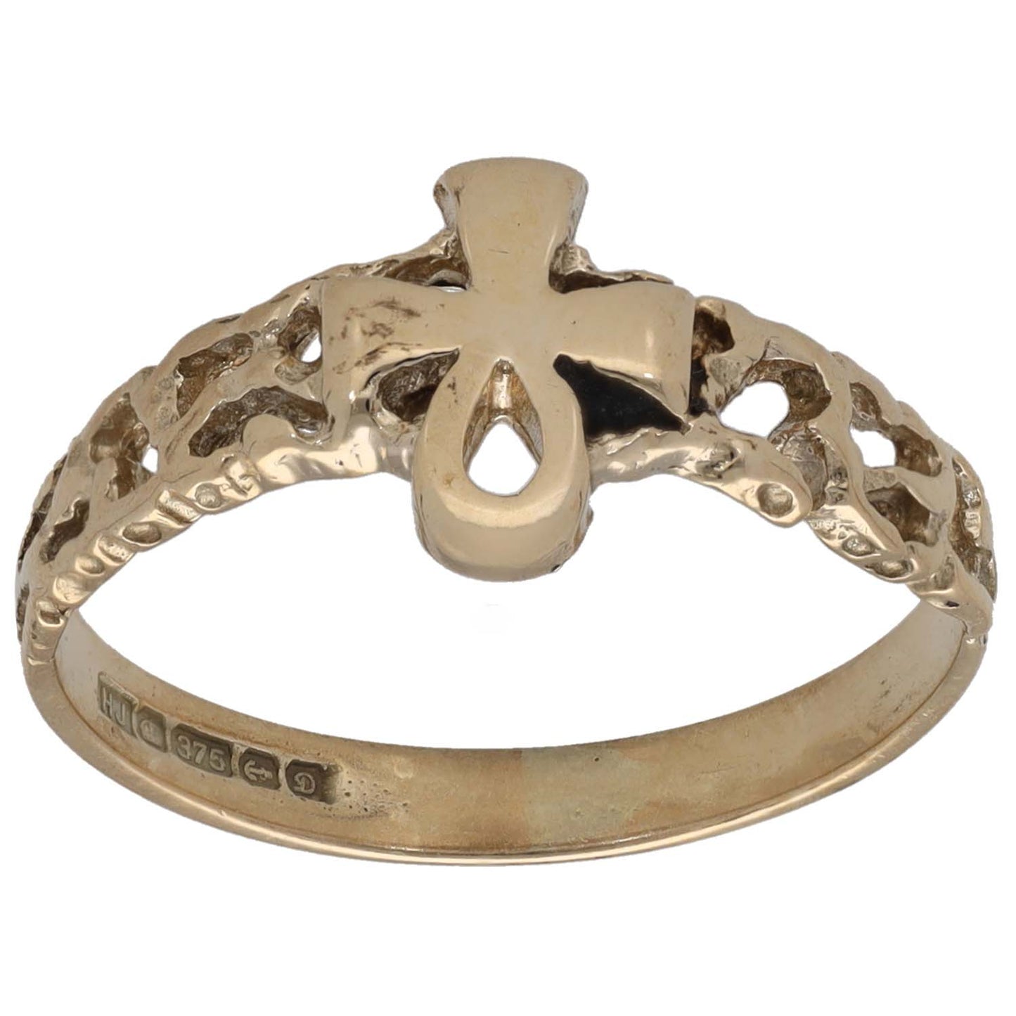 Gold alternative ring, size N, with raised oval motif and ornate openwork band