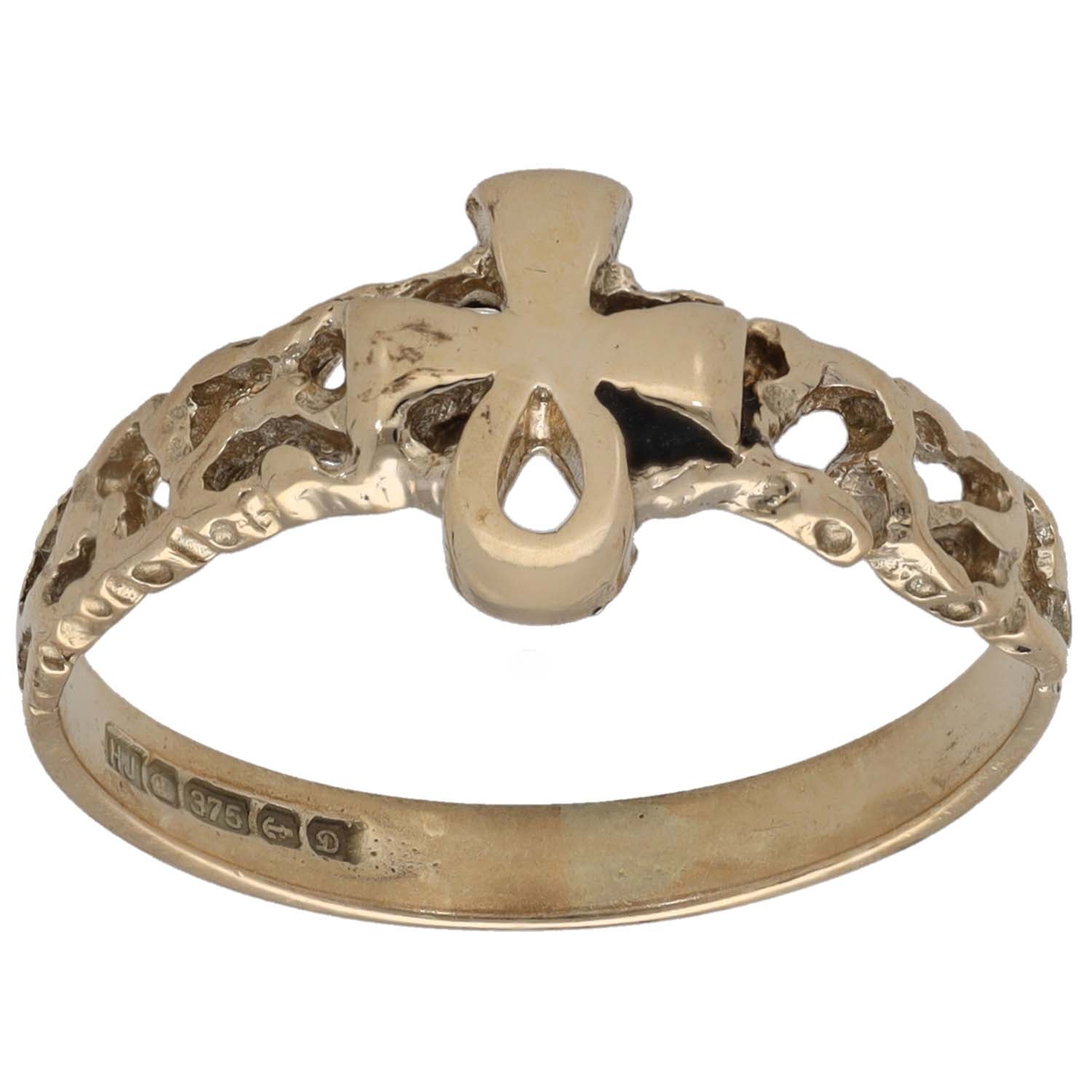 Gold alternative ring, size N, with raised oval motif and ornate openwork band