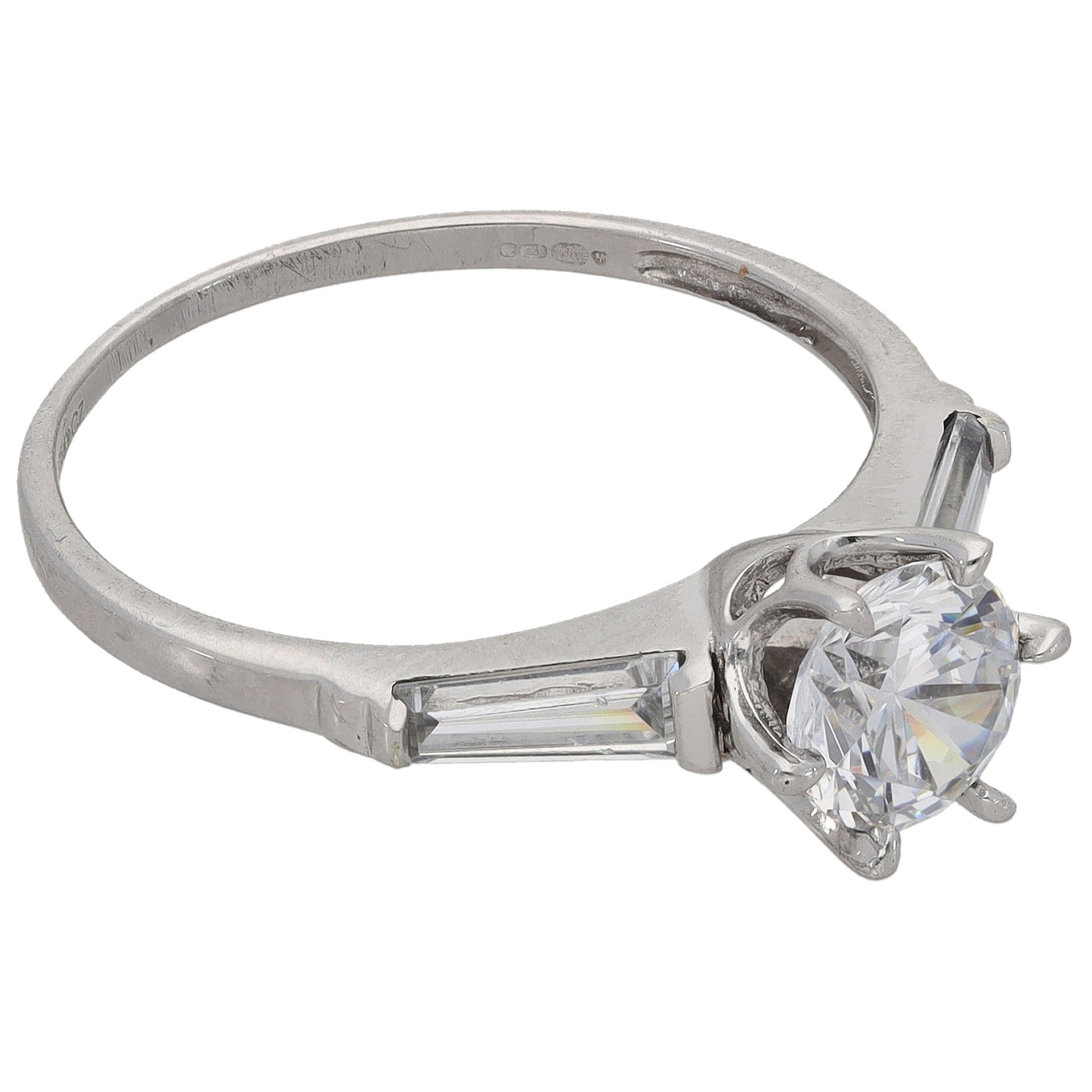 9ct White Gold Cubic Zircona Single Stone Ring with Accent Stones Size S