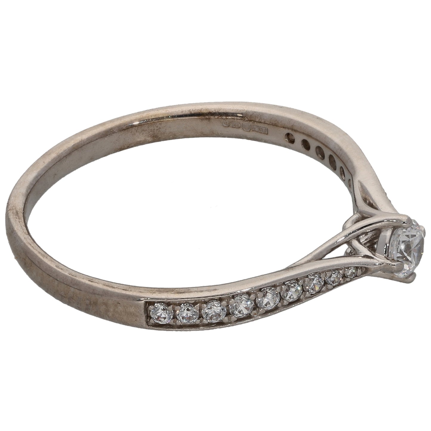 9ct White Gold Cubic Zirconia Single Stone Ring with Accent Stones Size Q