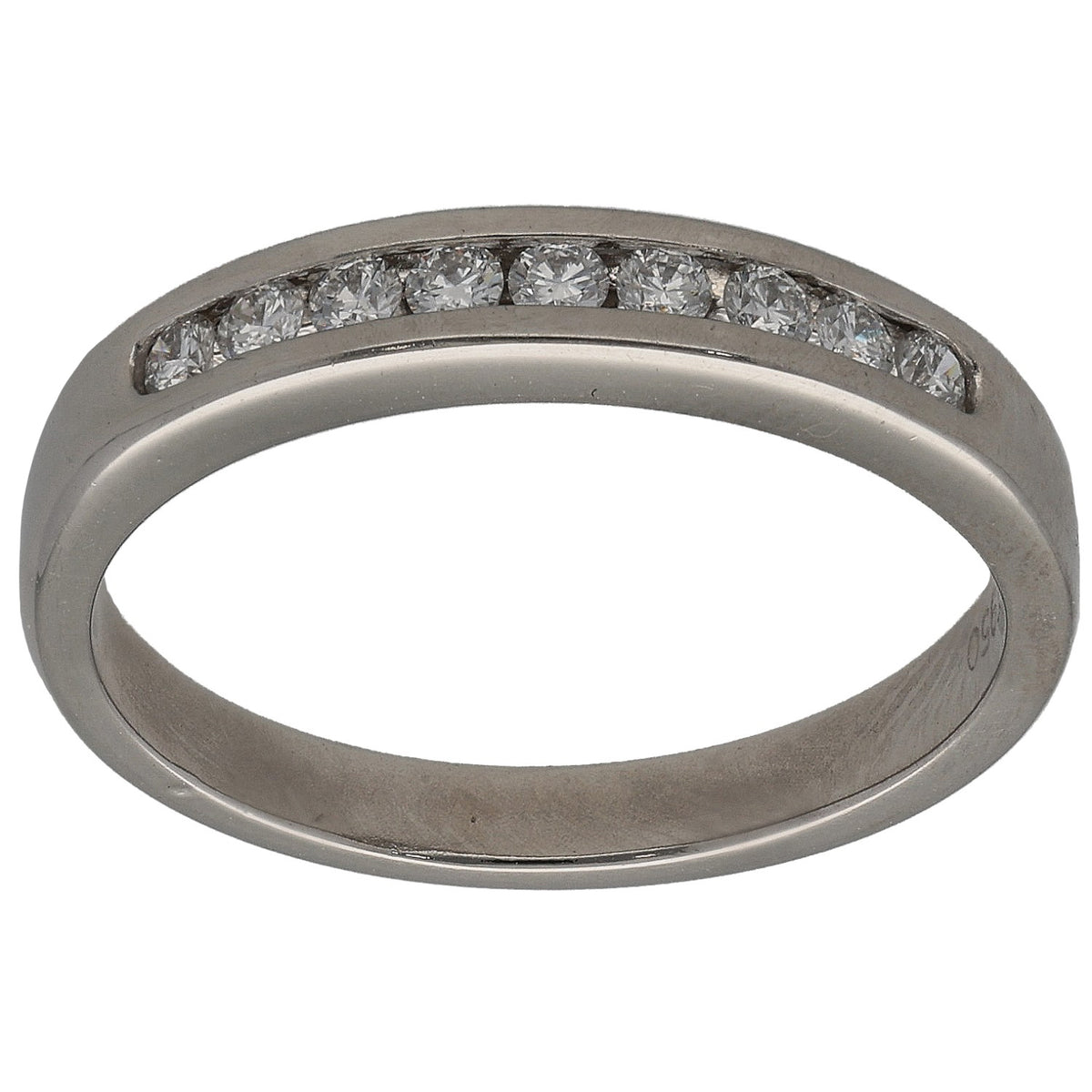 Platinum half eternity ring with round diamonds across the top band, size N