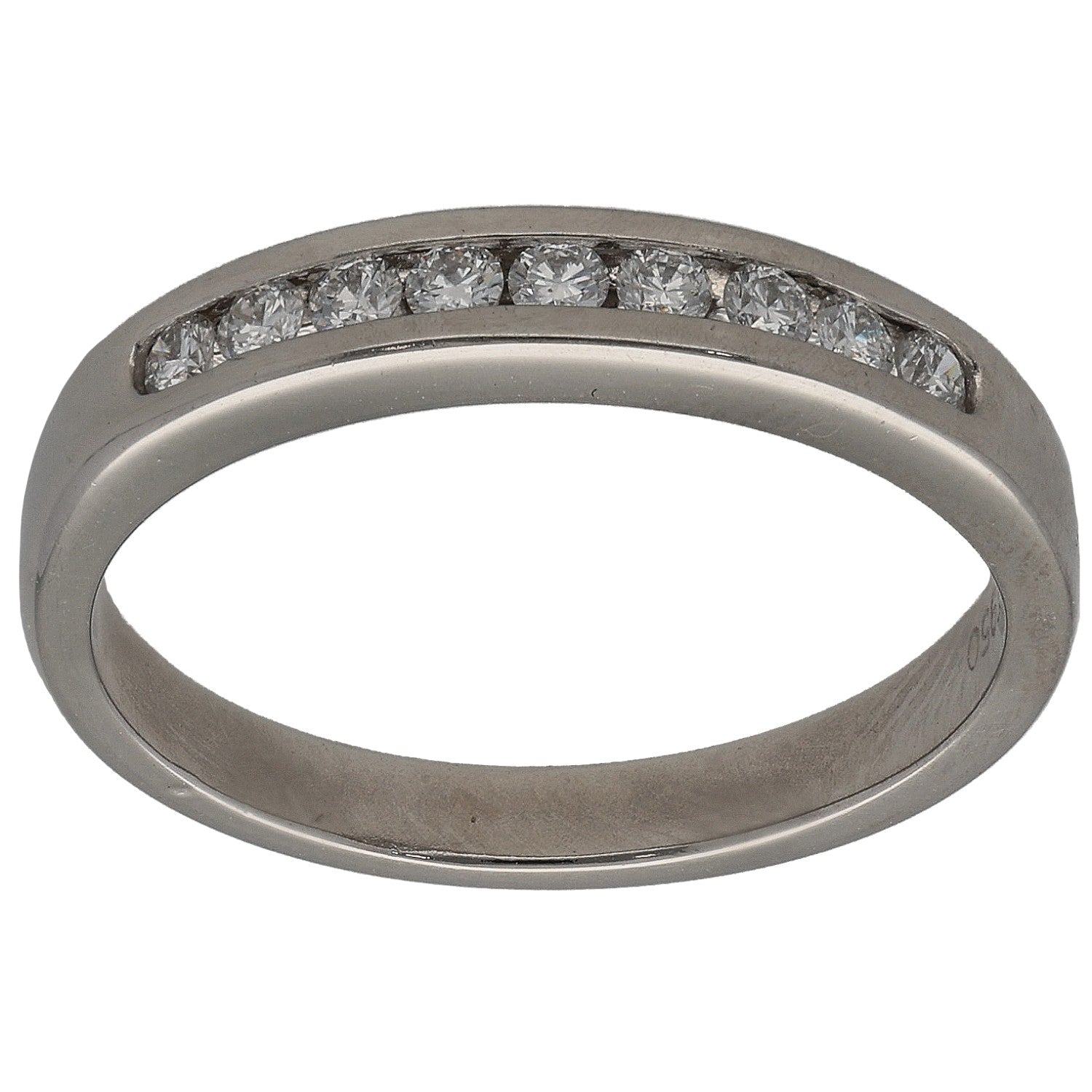 Platinum half eternity ring with round diamonds across the top band, size N