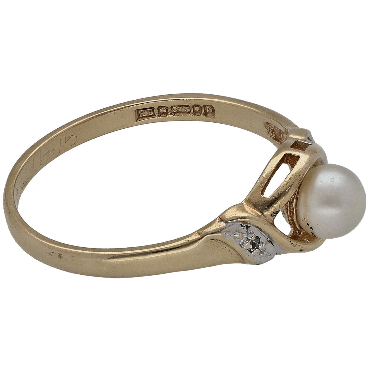 9ct gold ring with cultured pearl and small diamond halo-style accents, side view