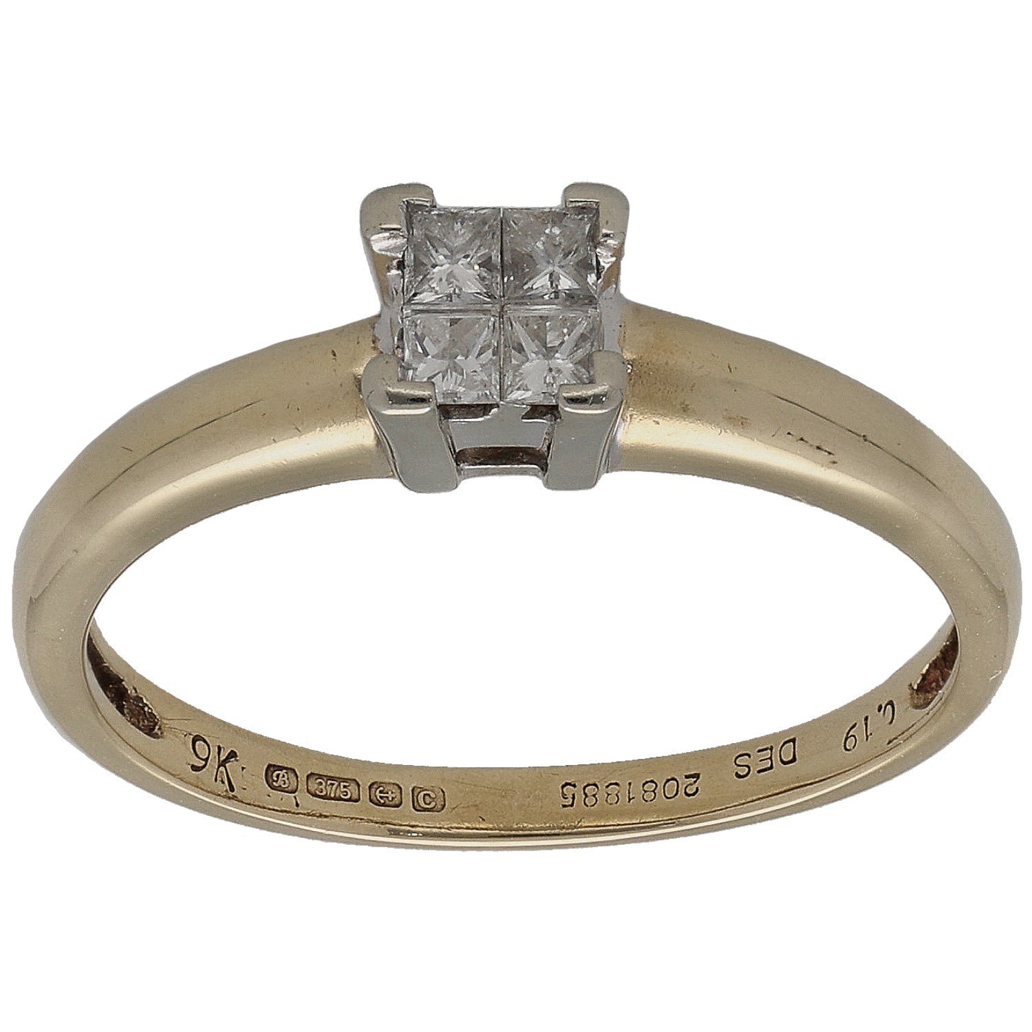 9ct gold square dress ring with four-prong princess-cut diamond center