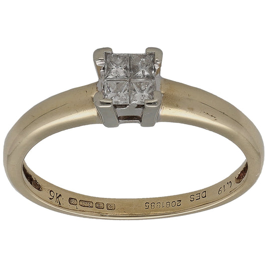 9ct gold square dress ring with four-prong princess-cut diamond center