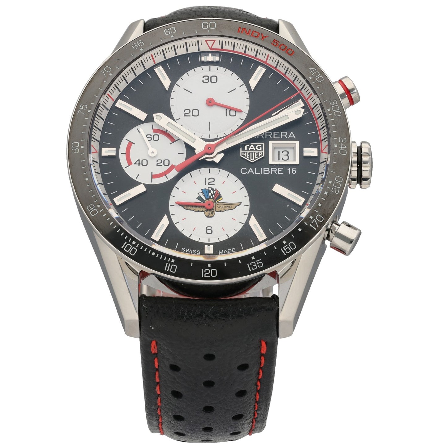 Tag Heuer Carrera CV201AS Stainless steel chronograph watch with dark dial, red accents, and black perforated strap