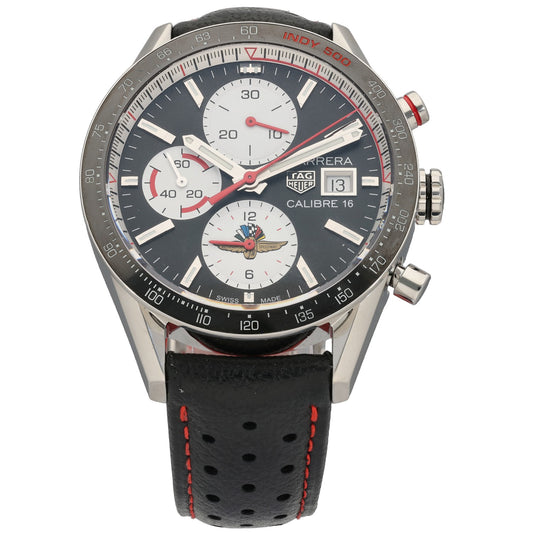 Tag Heuer Carrera CV201AS Stainless steel chronograph watch with dark dial, red accents, and black perforated strap