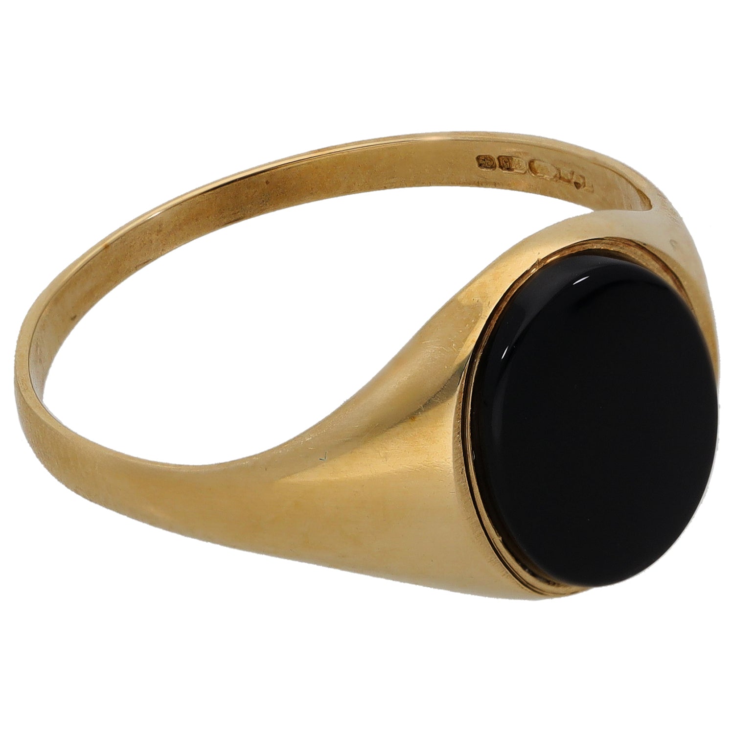 9ct gold signet ring angled view with oval black onyx cabochon bezel