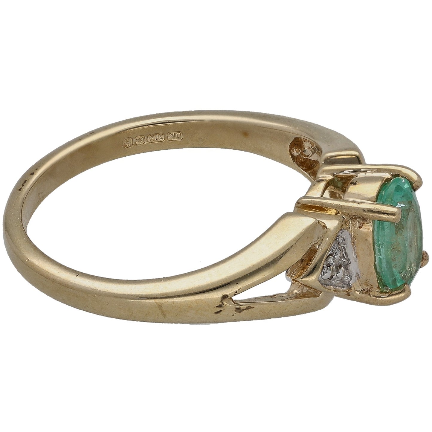 9ct Gold Emerald & 0.01ct Diamond Three Stone Ring Size N