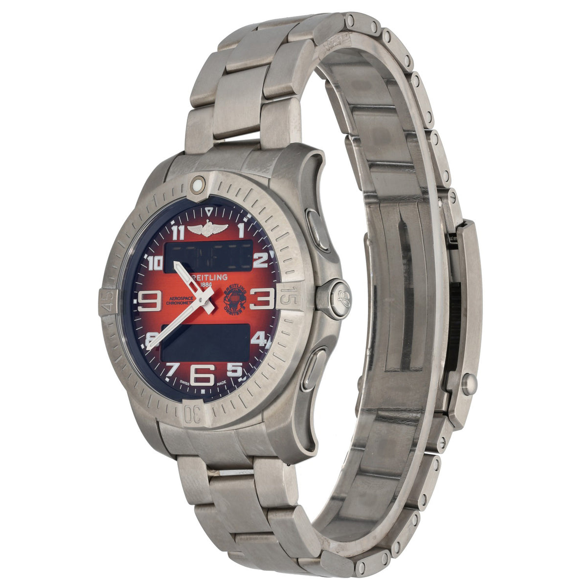 Breitling Aerospace EB7010 Titanium wristwatch side view with red-and-black dial and metal link bracelet