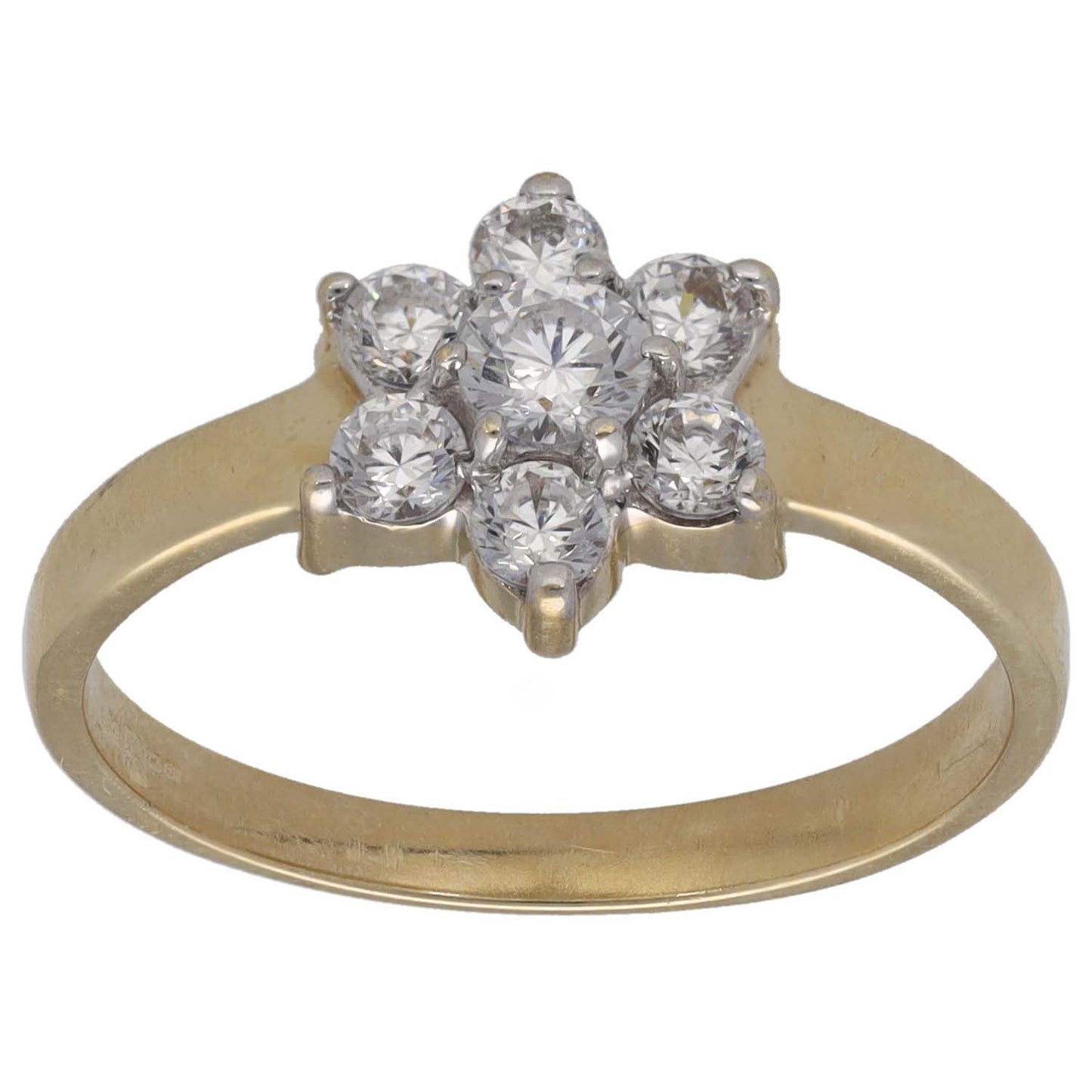 Gold cocktail ring with six-prong cluster CZ stones and open band