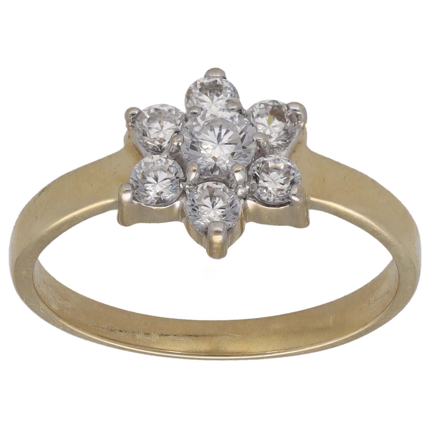Gold cocktail ring with six-prong cluster CZ stones and open band
