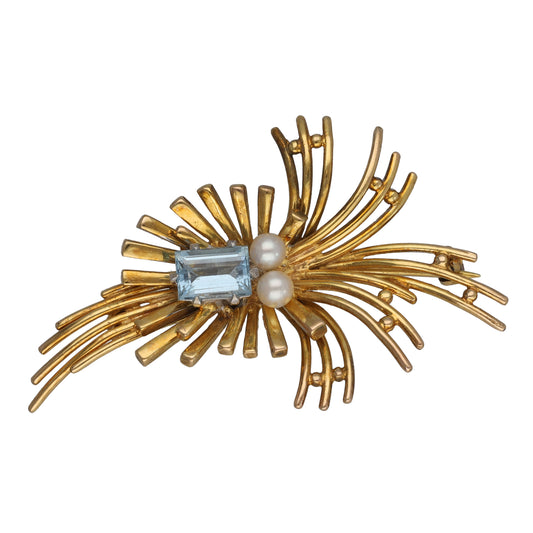 9ct Gold Aquamarine & Cultured Pearl Dress Brooch