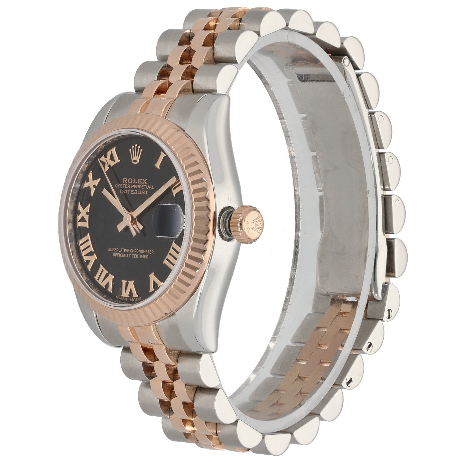Rolex Datejust 178271 bi-color wristwatch side view with rose-gold crown and link bracelet