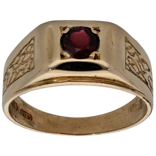9ct Gold Garnet Patterned Signet Ring Size S 1/2