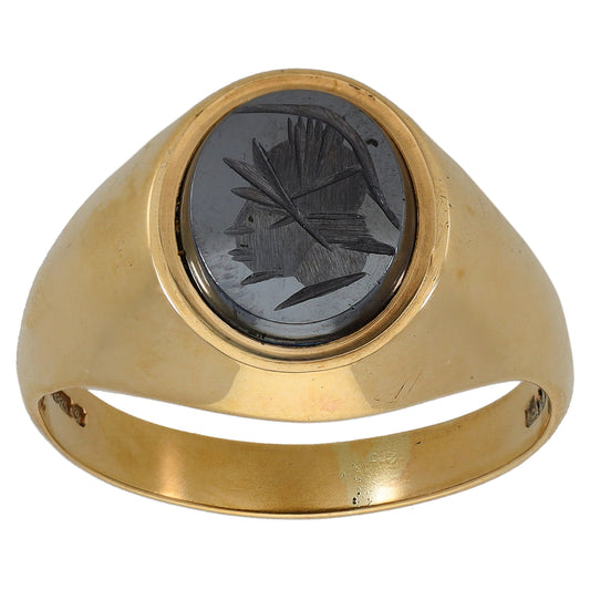 9ct gold signet ring with dark hematite crest emblem on oval face