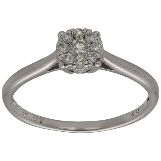 9ct White Gold 0.13ct Diamond Cluster Ring Size Q