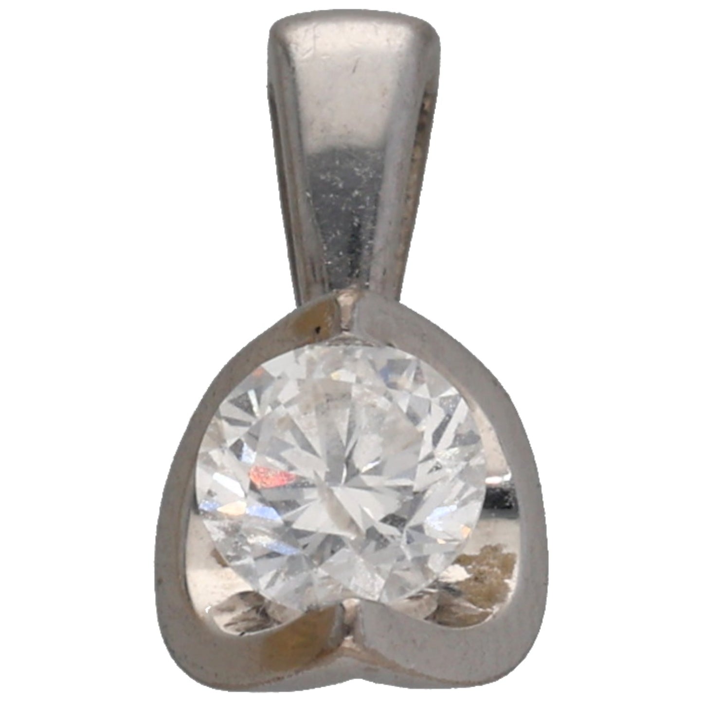 Round diamond solitaire pendant in white gold teardrop setting with bezel