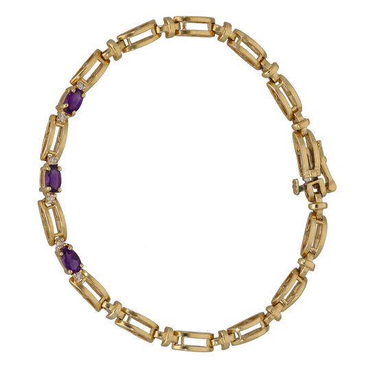 9ct Gold Amethyst & 0.06ct Diamond Fancy Stone Set Bracelet