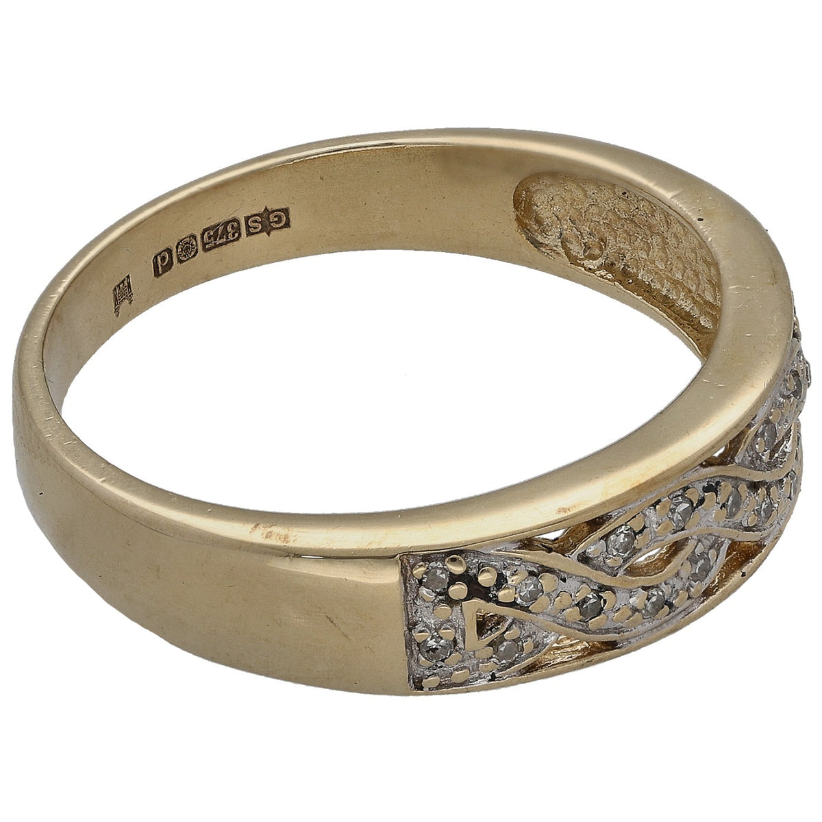 9ct gold wedding ring side view with diamond-patterned inlay and inner hallmark
