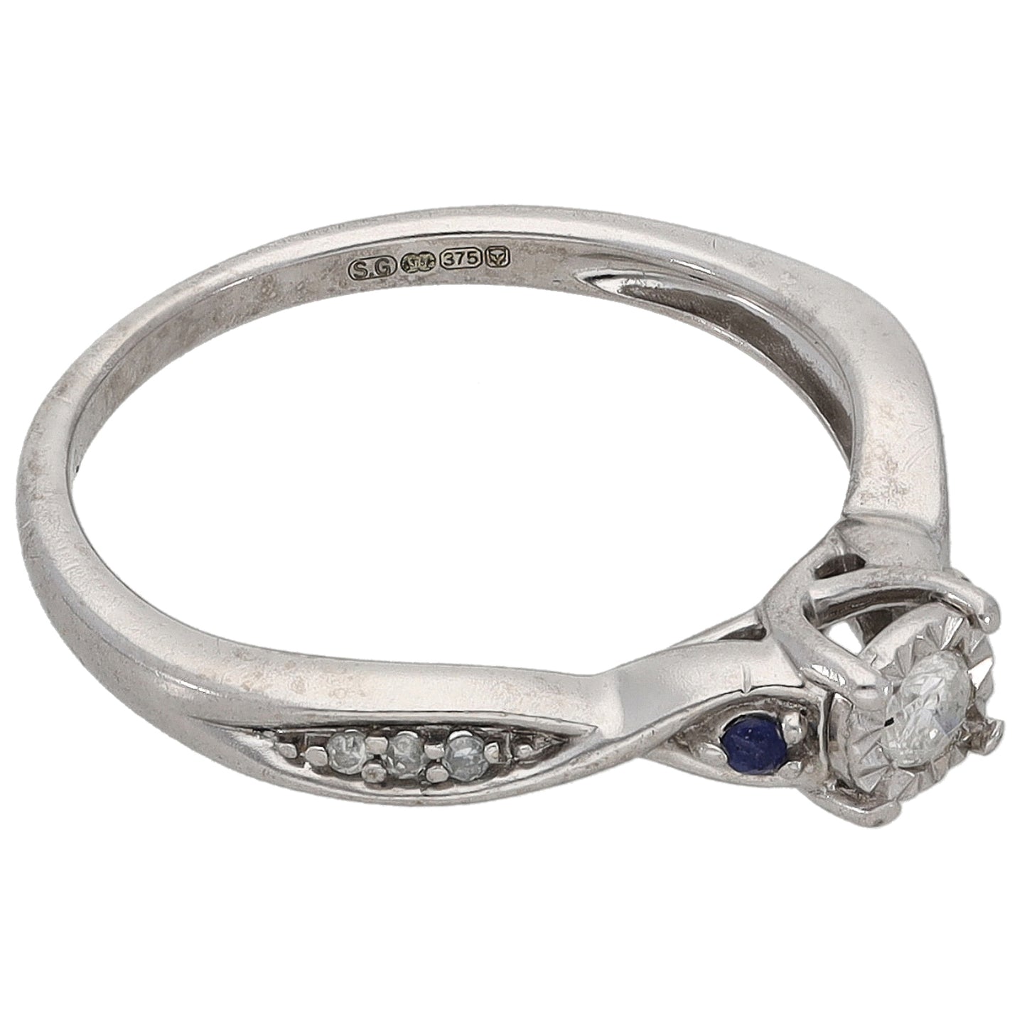 9ct White Gold 0.10ct Diamond & Sapphire Solitaire Ring With Accent Stones Size L