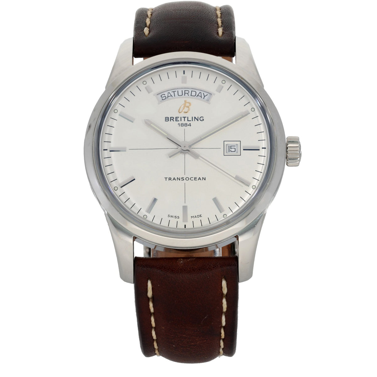 Breitling Transocean A45310 Stainless steel wristwatch with white dial, brown leather strap, and date display